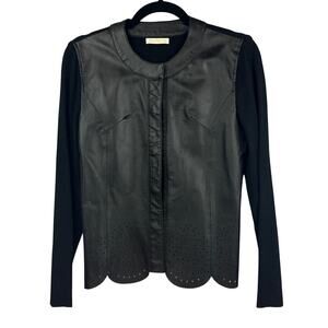 Women’s Caprice Black Leather Laser Cut Scalloped Hem & Knit Sleeves Sz M